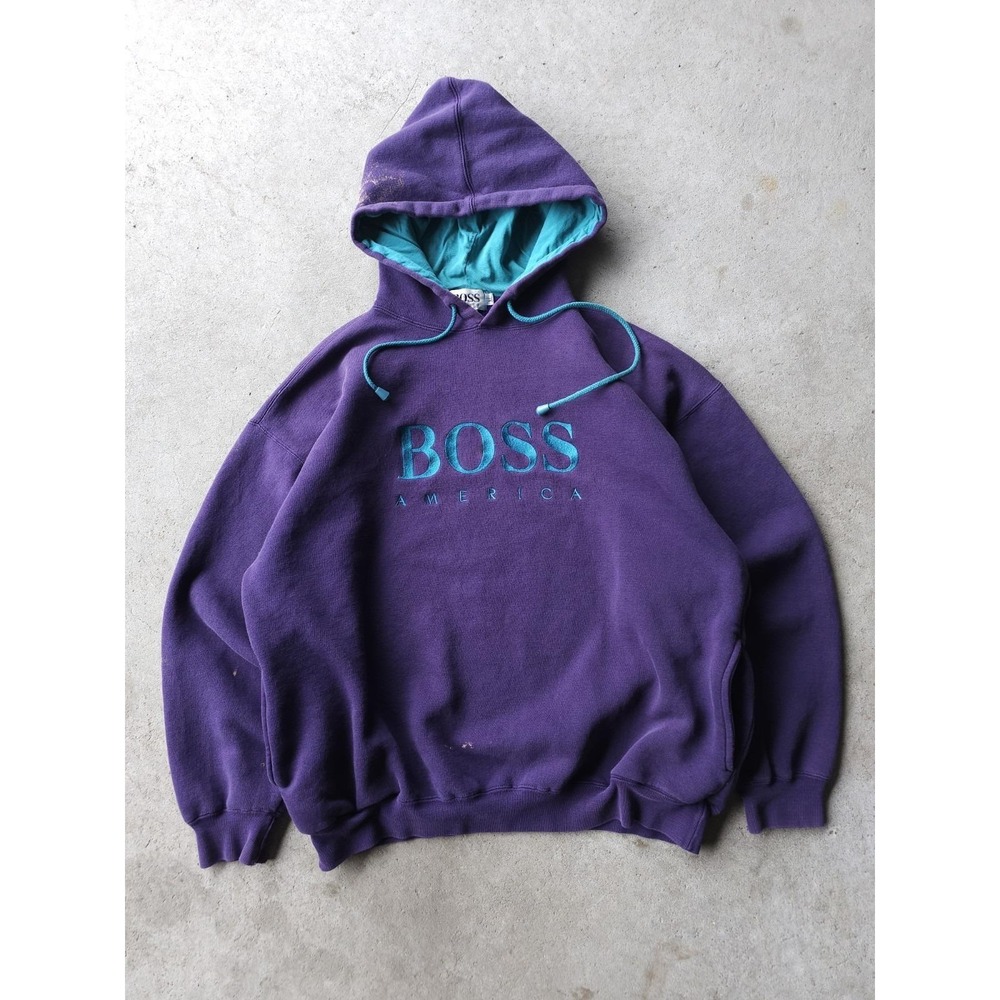 Vintage 90s Boss America Purple Embroidered‎ Hoodie Sweatshirt XL